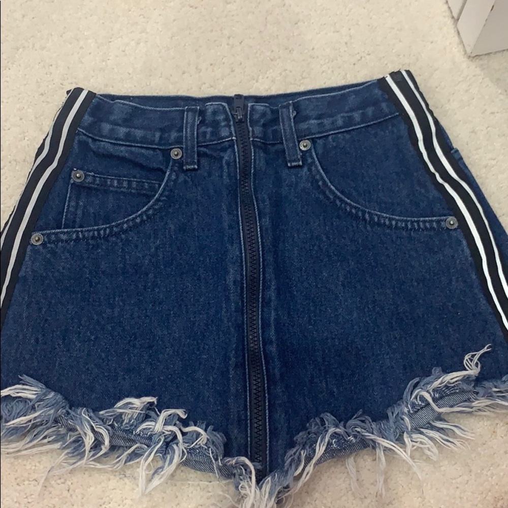 denim zip up skirt with stripes on the side